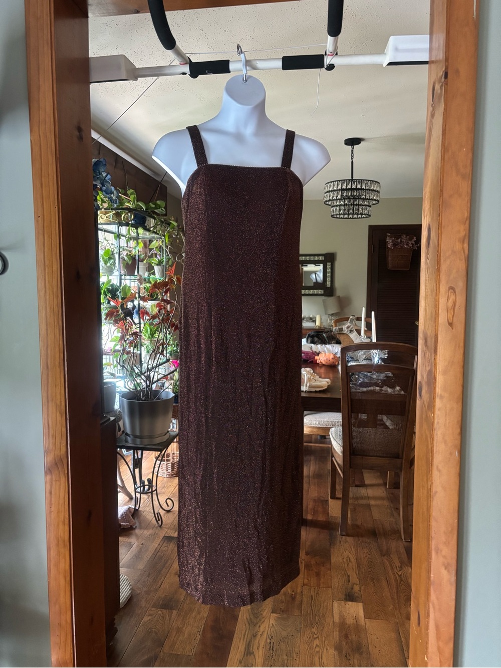 Vintage Alex Evenings Sleeveless Metallic Brown Square-Neck Dress w/ Rhinestones